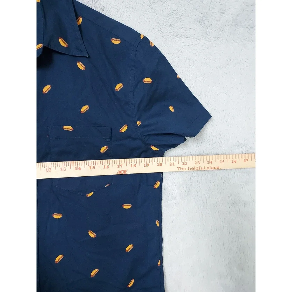 J Crew Shirt Mens Small Slim Flex Washed Hot Dog Print Short Sleeve Blue Novelty